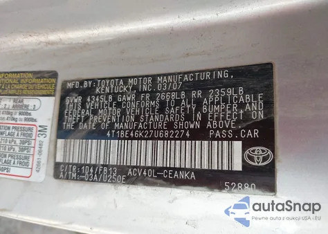 2007 Toyota Camry Le from USA, damaged, VIN 4T1BE46K27U682274